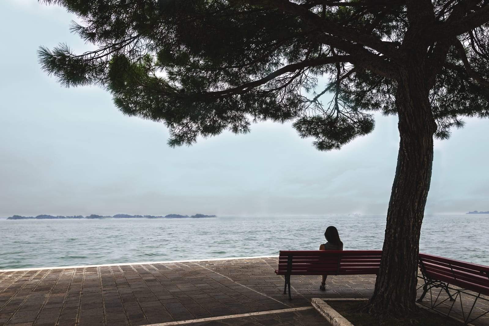 A person sits by a lake, looking out reflectively