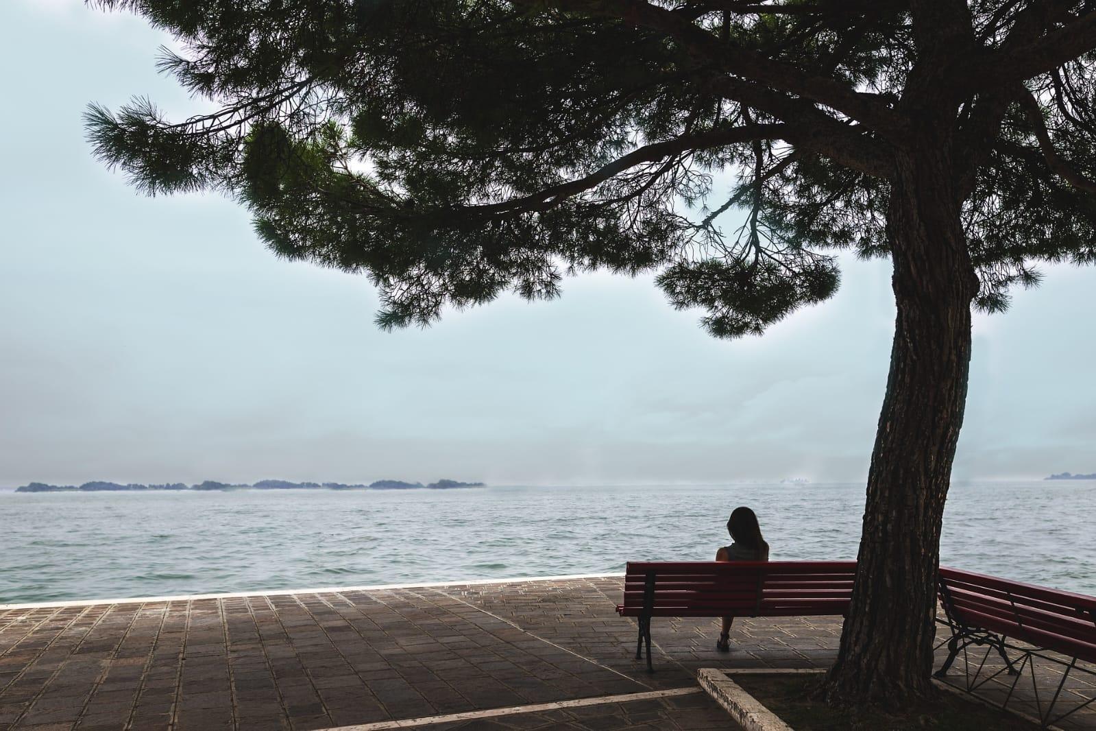 A person sits by a lake, looking out reflectively